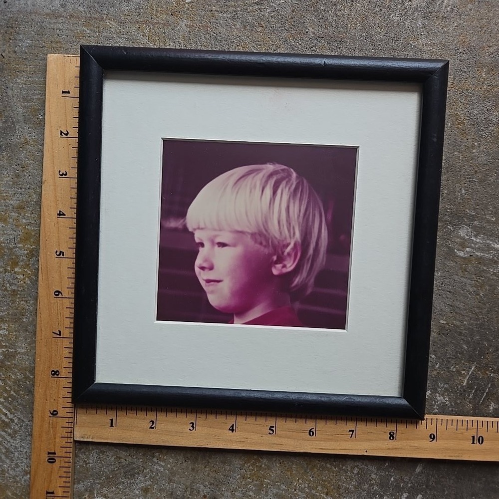 70s Framed Square Portrait Bowl Cut Photograph Blond Boy Frame Art 8.5x8.5 USA